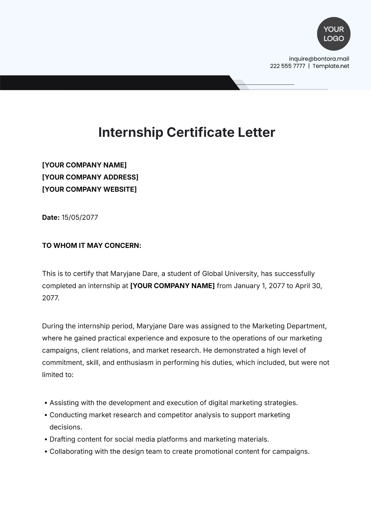 Internship Certificate Letter Template - Edit Online & Download