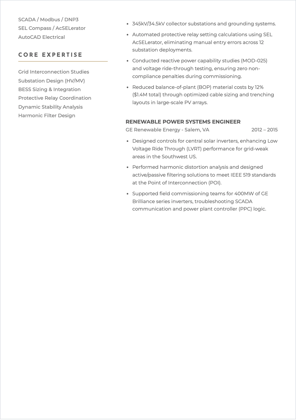 Free Renewable Energy Systems Electrical Engineer ATS Resume Template