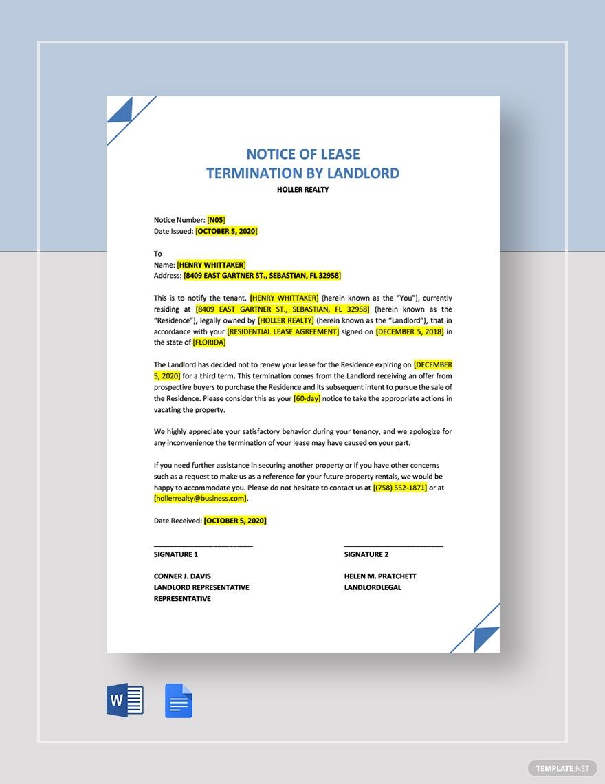 Landlord Notice of Termination of Lease Template