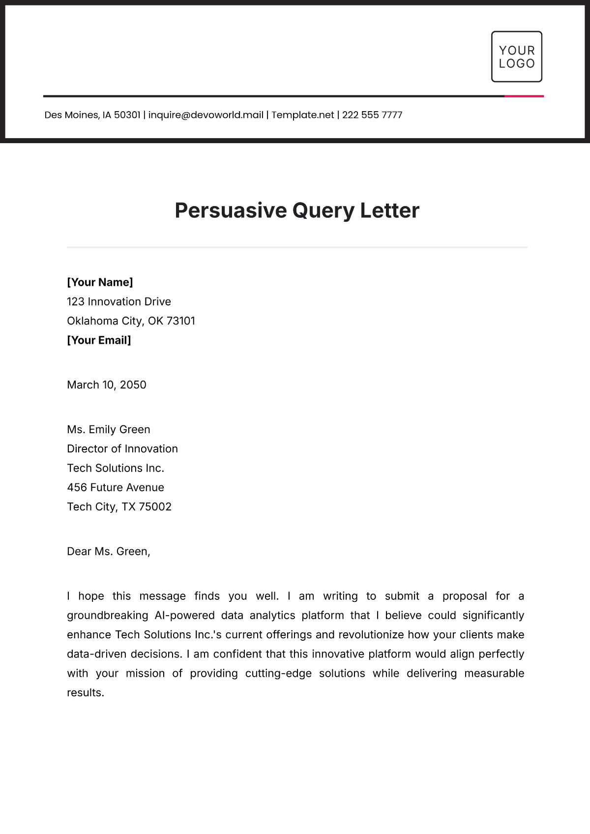 Persuasive Query Letter Example Template - Edit Online & Download