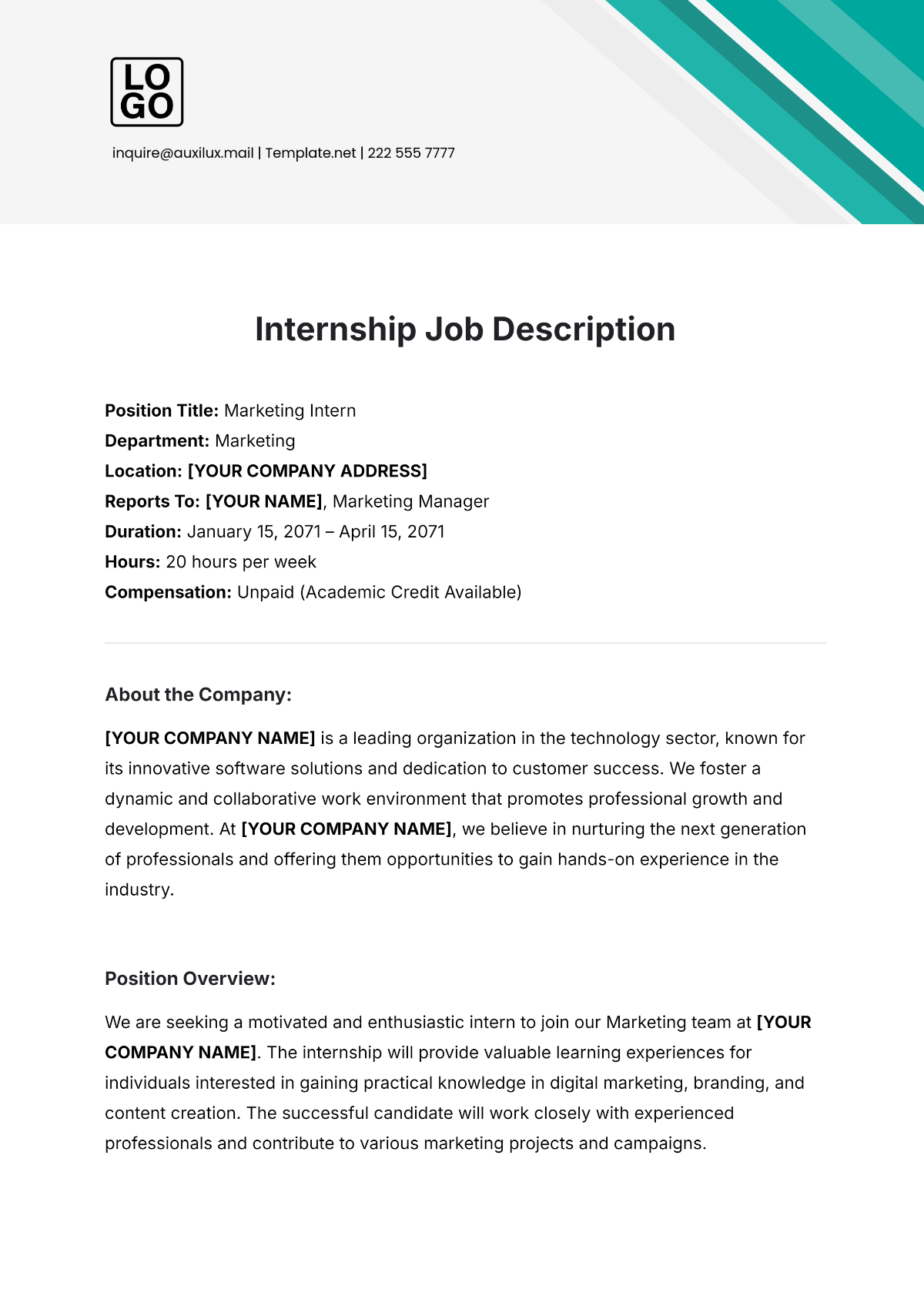 Internship Job Description Template - Edit Online & Download