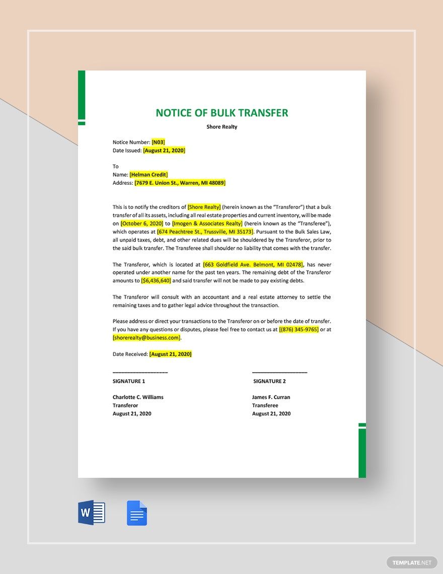 Notice of Bulk Transfer Template in Word, Google Docs