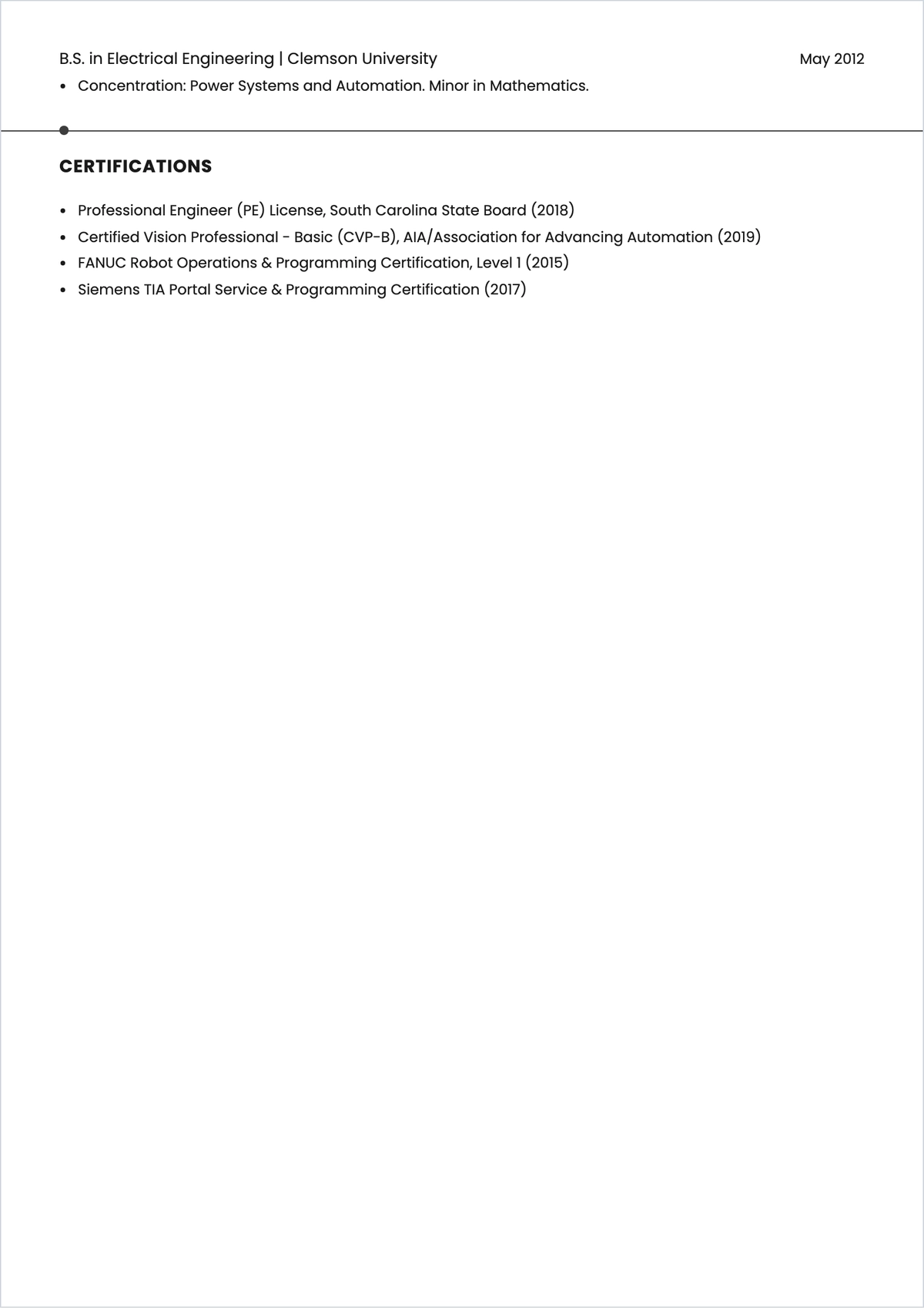 Free Automation and Robotics Electrical Engineer ATS Resume Template