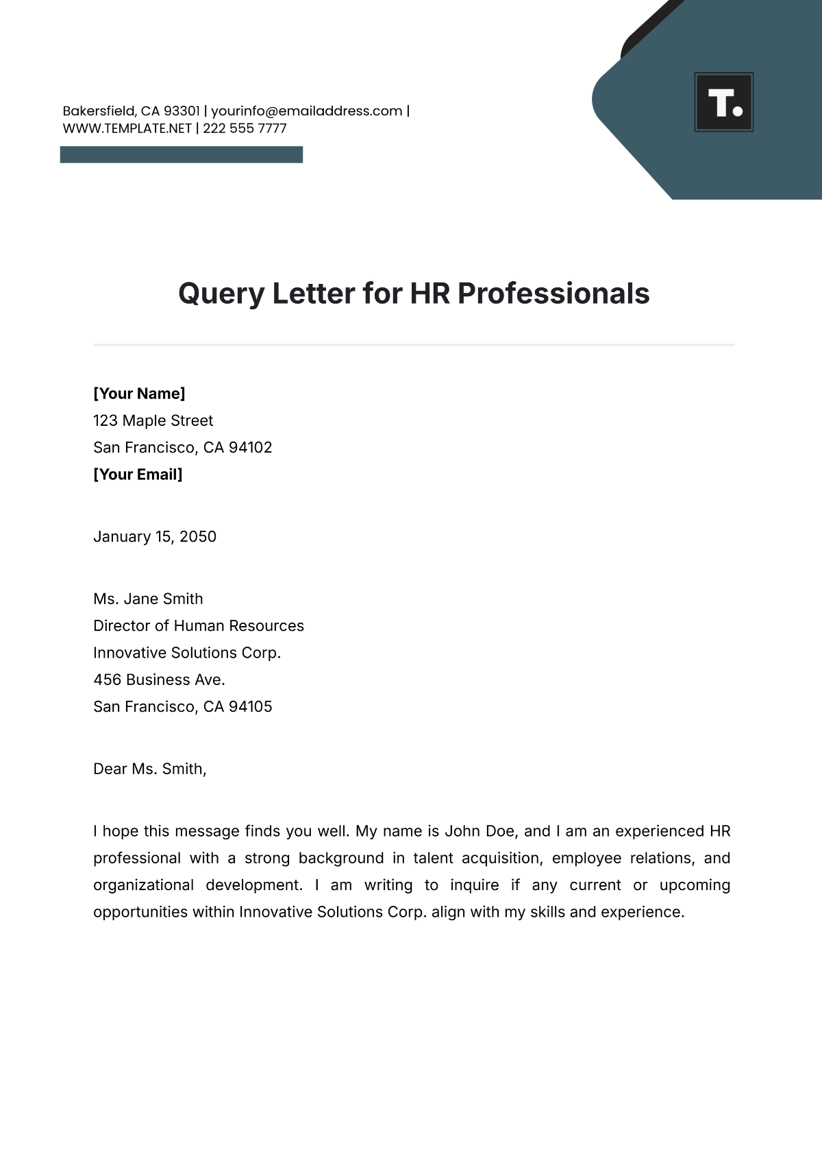 Query Letter for HR Professionals Template - Edit Online & Download