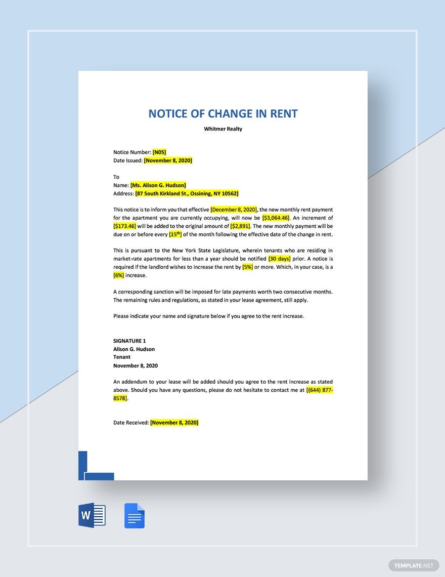 Notice of Change in Rent Template in Word, Google Docs