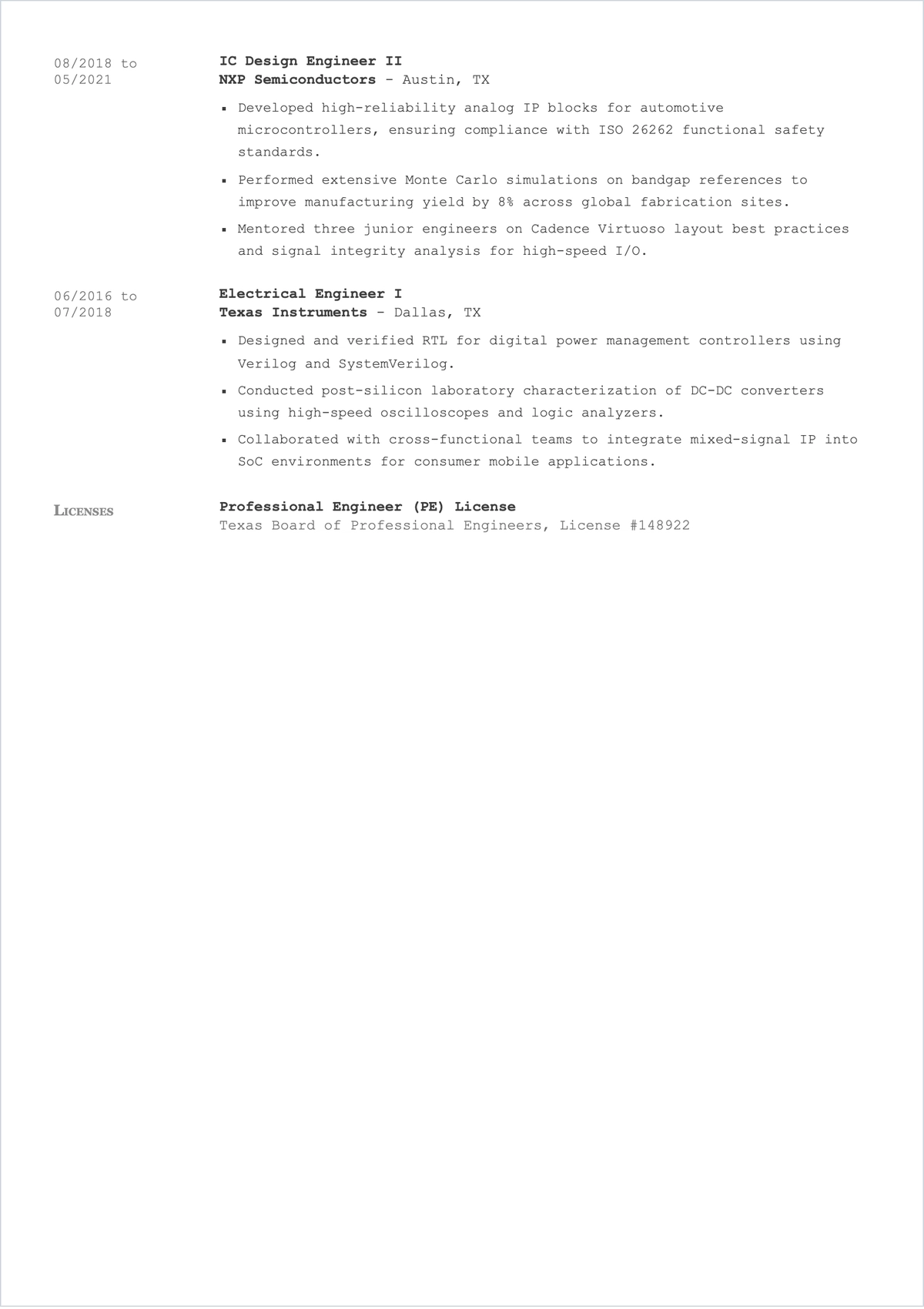 Free Printable Microelectronics Electrical Engineer ATS Resume Template