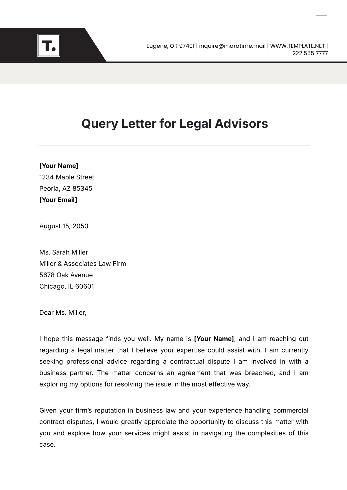 Query Letter for Legal Advisors Template