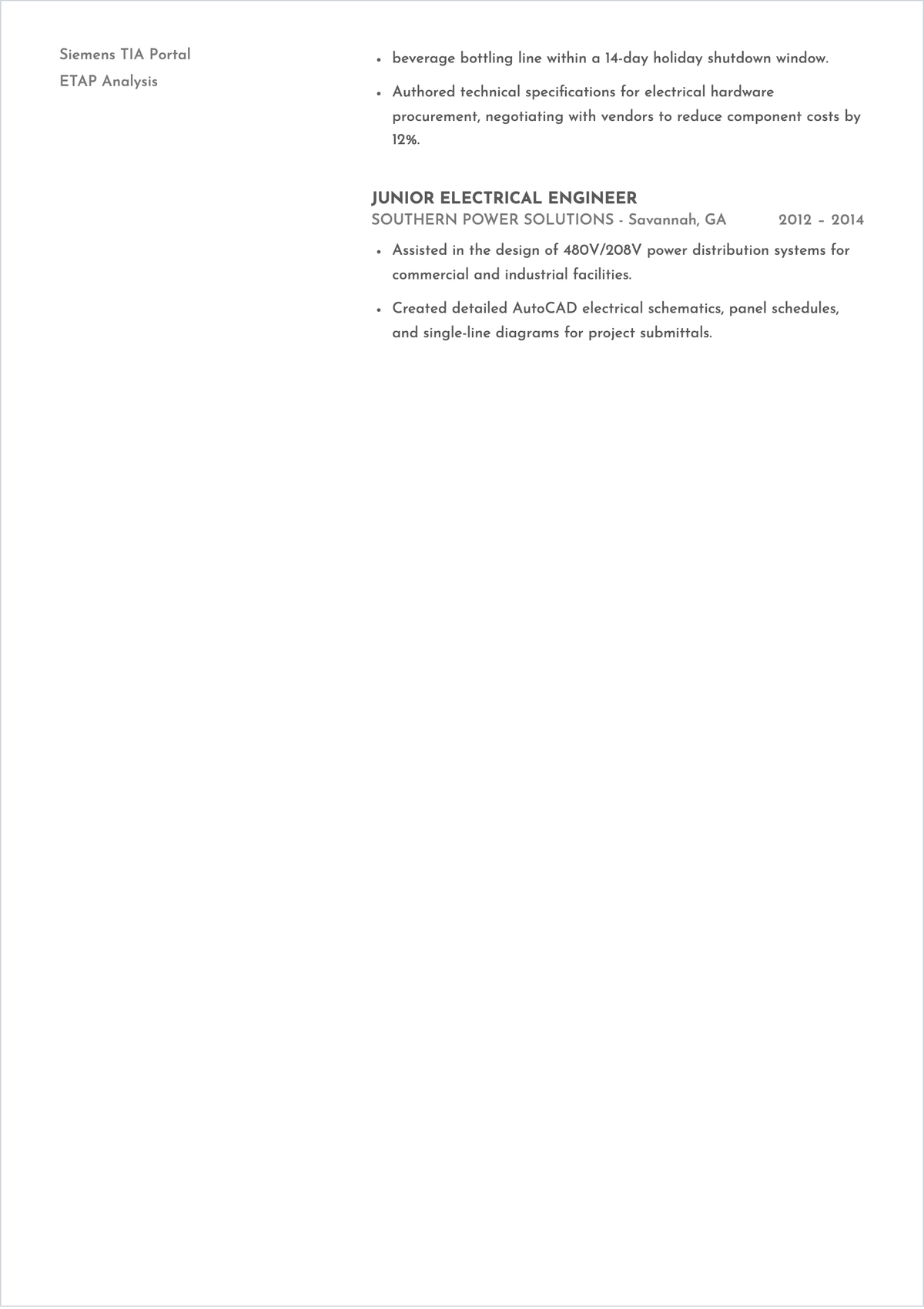 Free Industrial Electrical Engineering ATS Resume Template