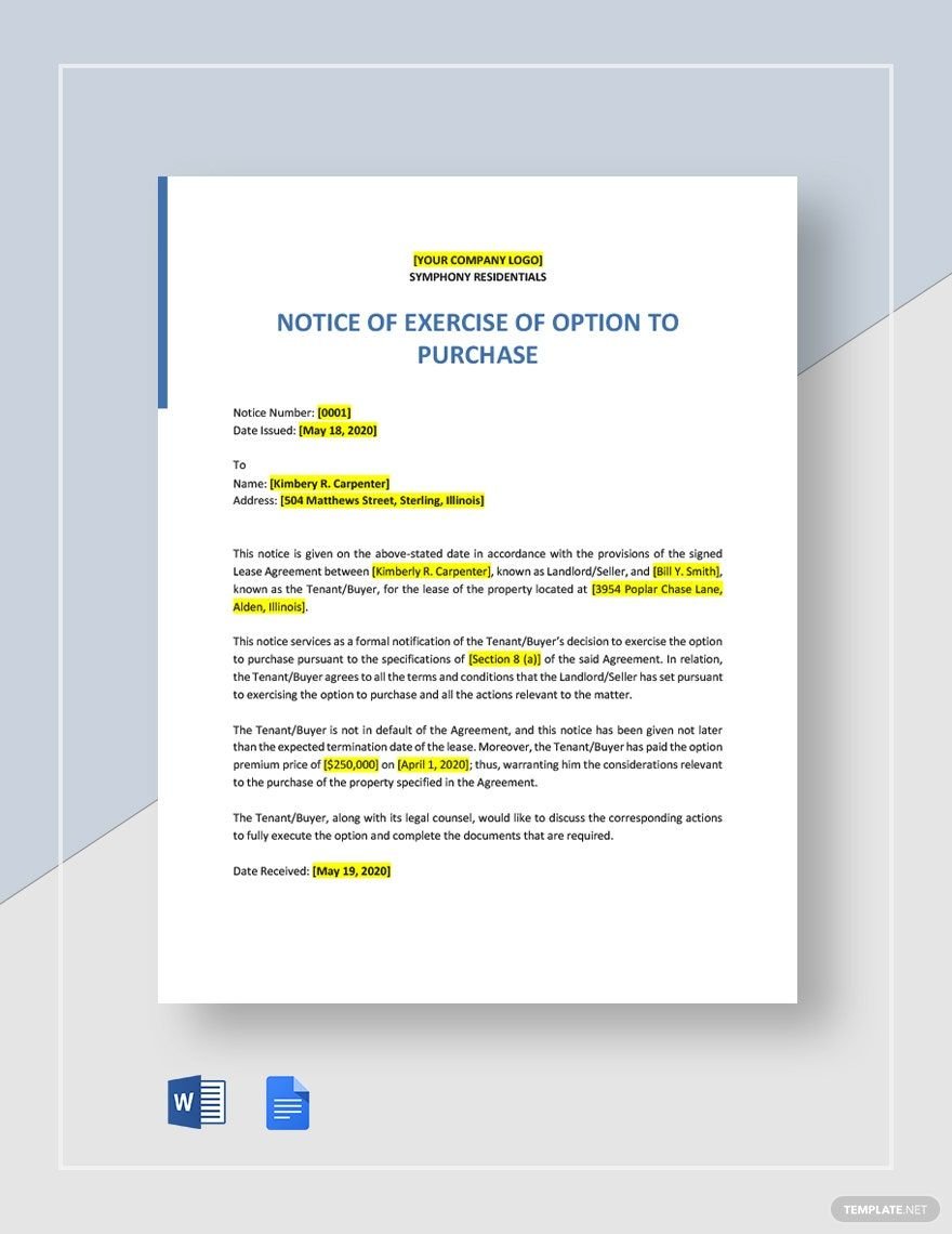 Notice of Exercise of Option to Purchase Template