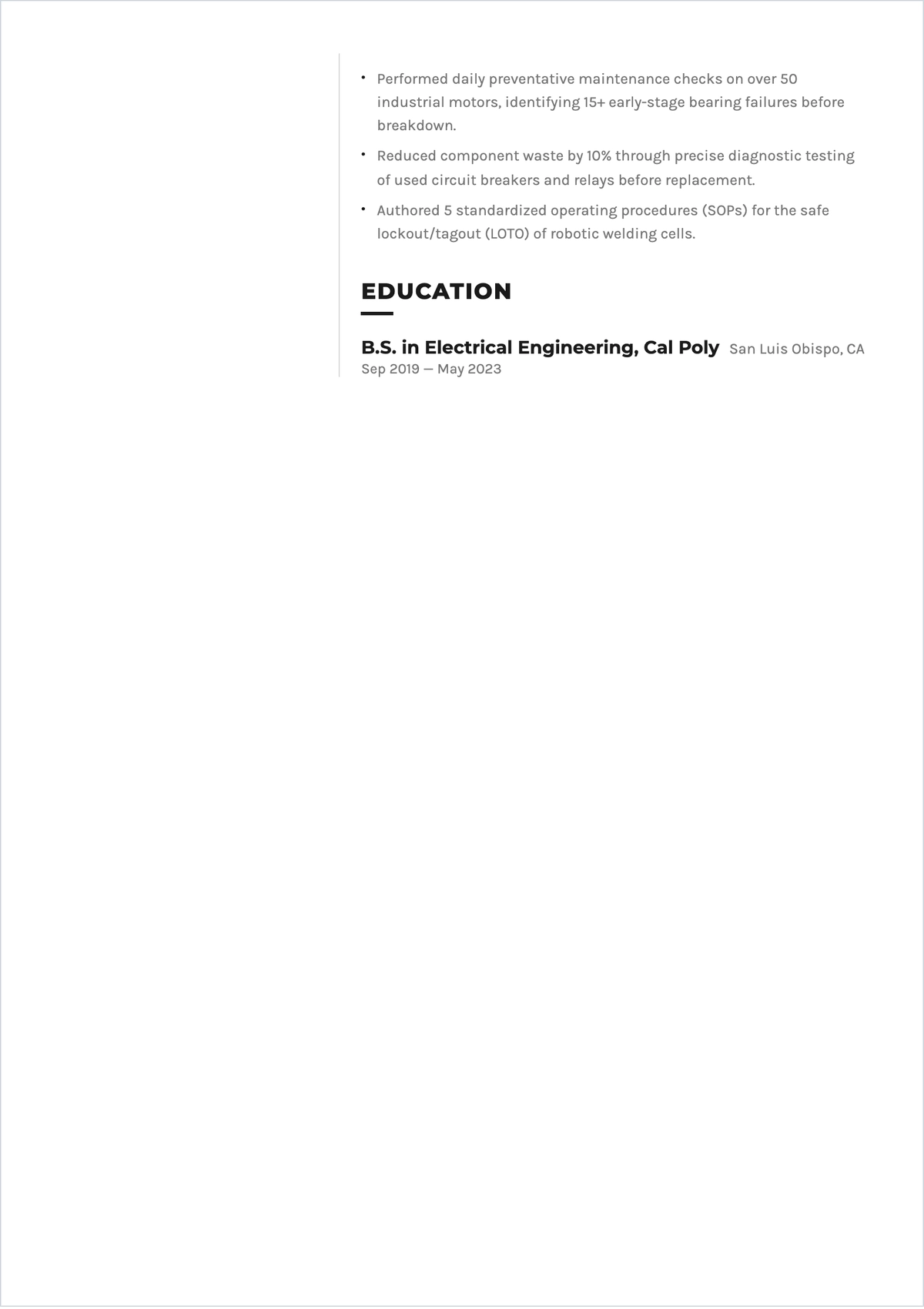 Free Junior Electrical Maintenance Engineering ATS Resume Template