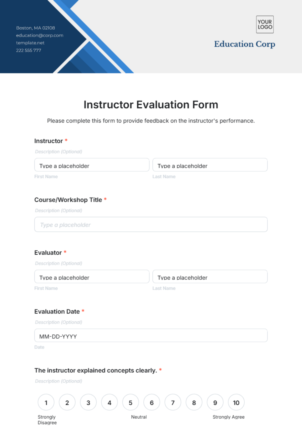 Instructor Evaluation Form Template - Edit Online & Download