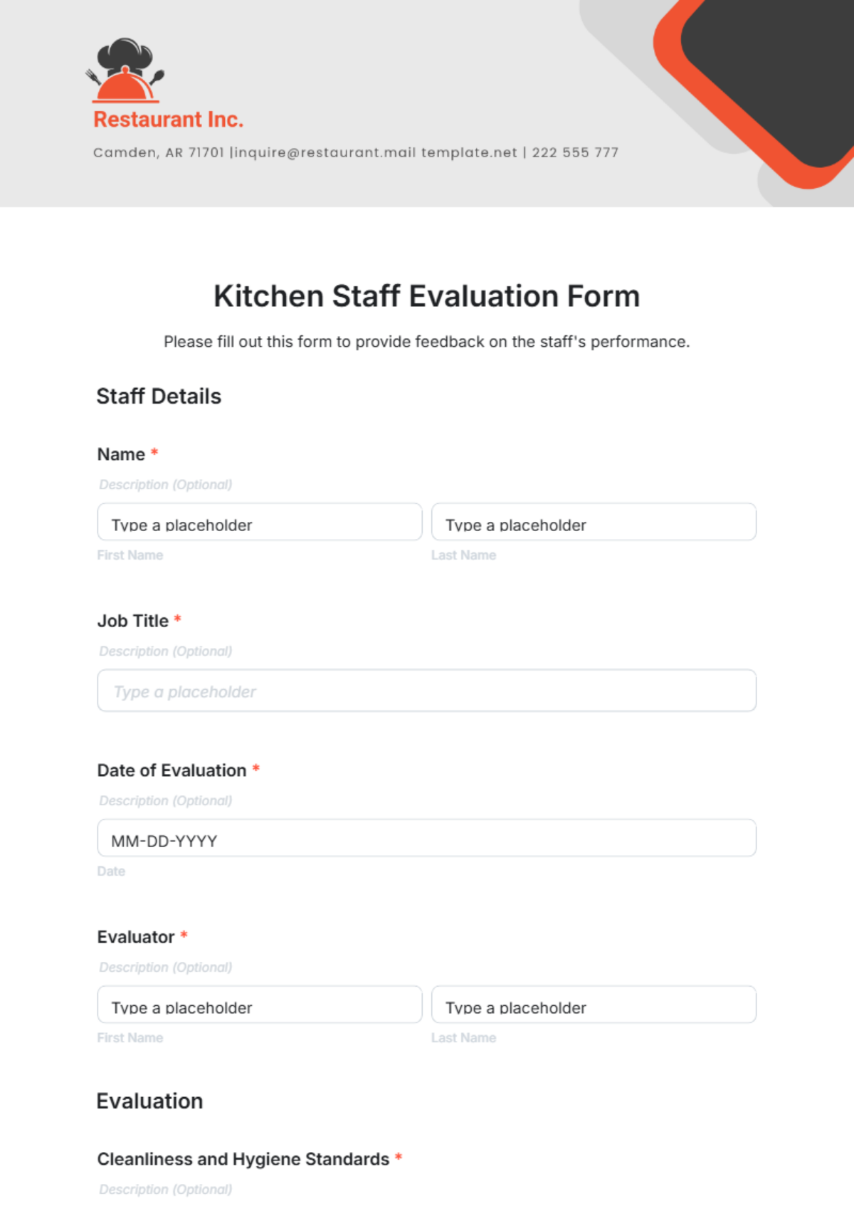 Kitchen Staff Evaluation Form Template - Edit Online & Download