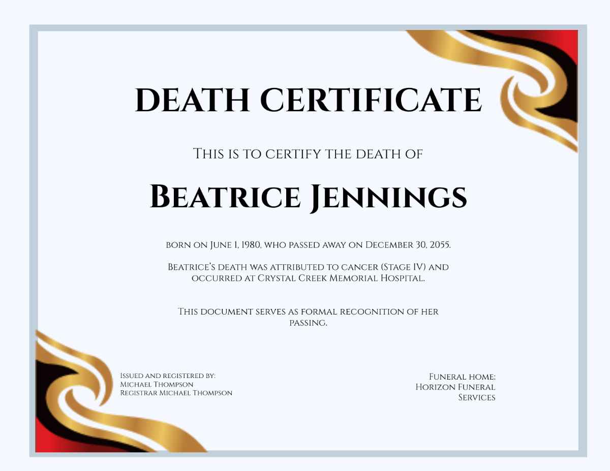 Formal Death Certificate Template - Download | Template.net