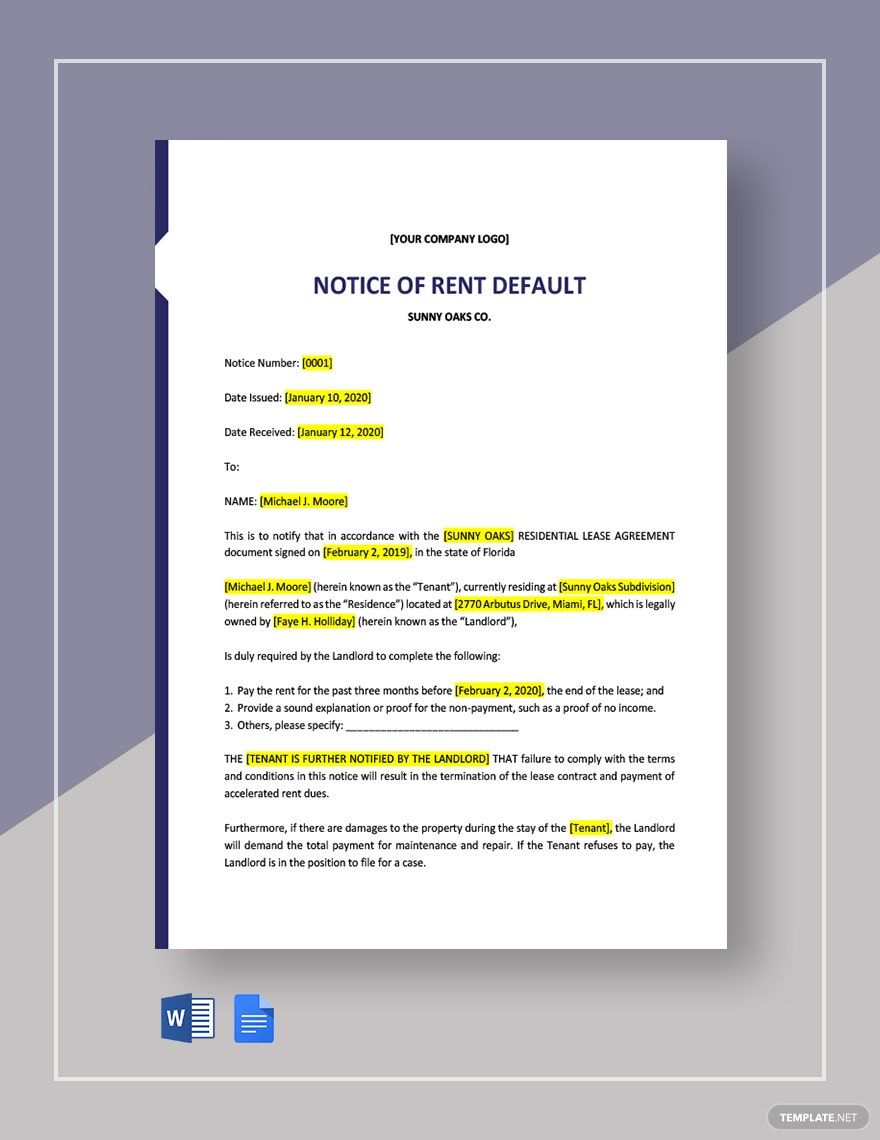 Free Notice of Rent Default Template