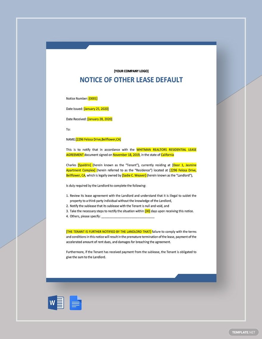 Notice of Other Lease Default Template