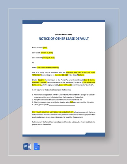 notice to tenant of rent default template