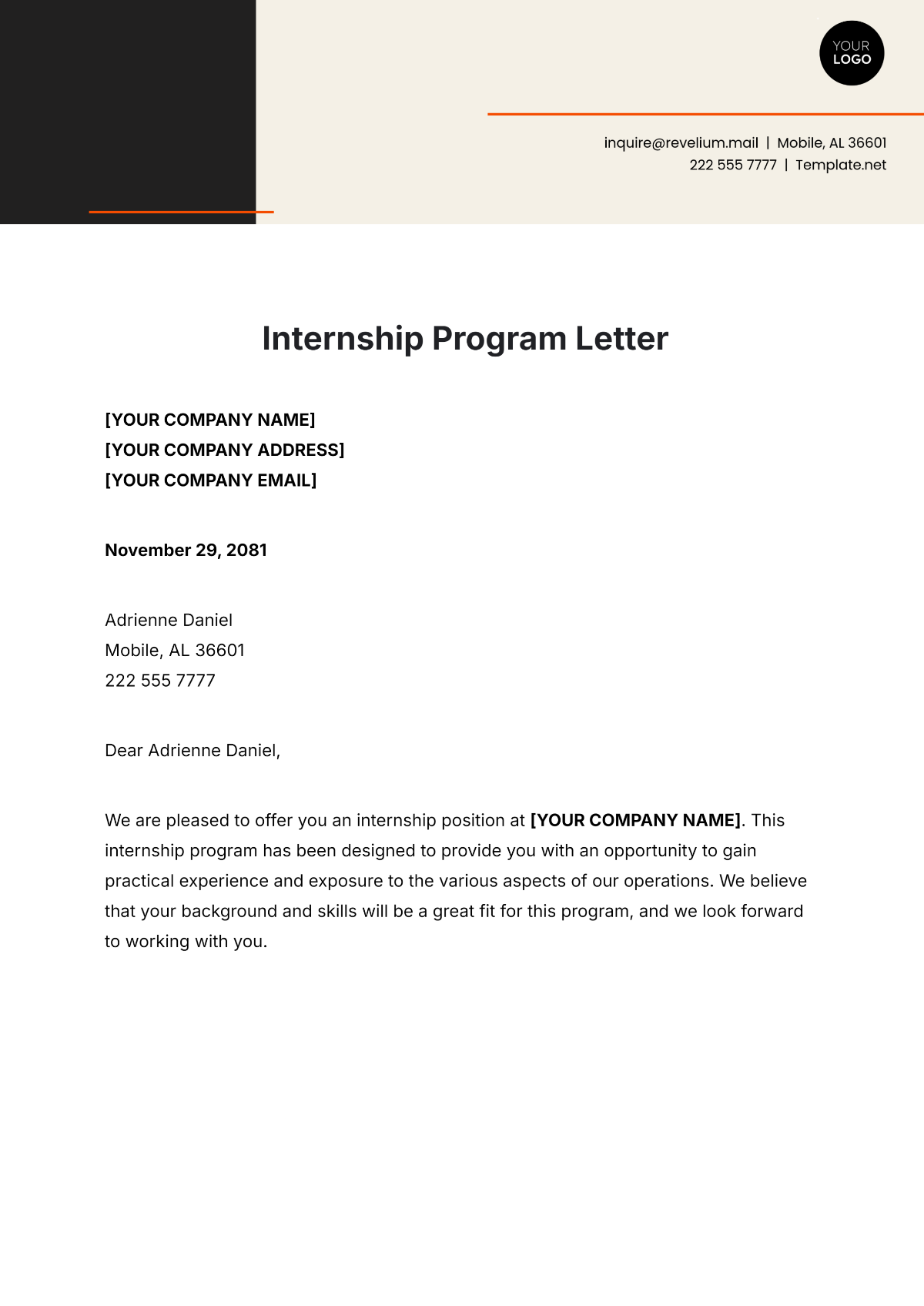 Internship Program Letter Template - Edit Online & Download