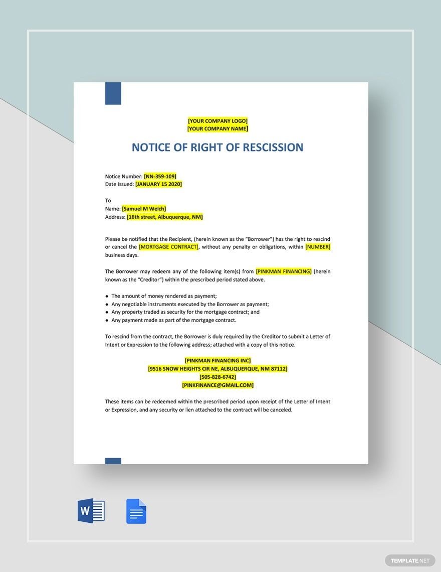 Notice of Right of Rescission Template