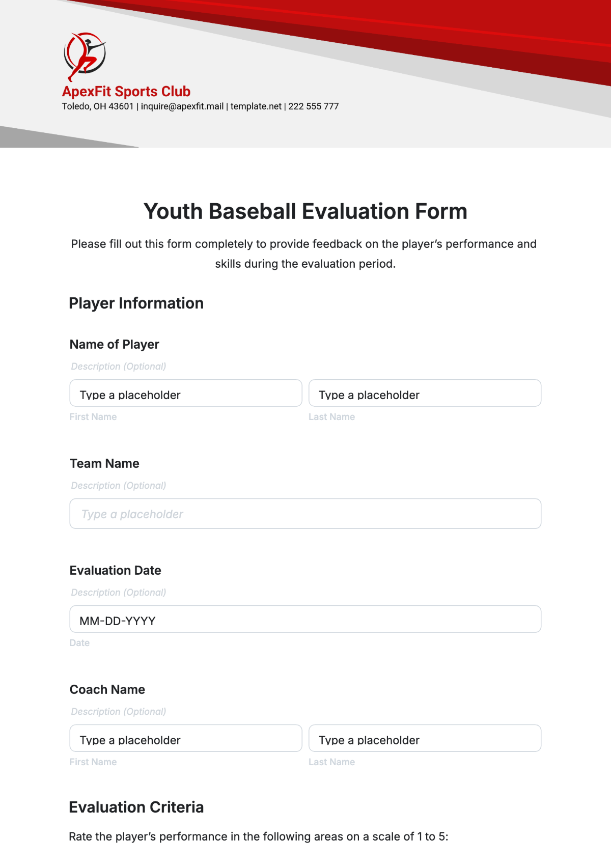 Youth Baseball Evaluation Form Template