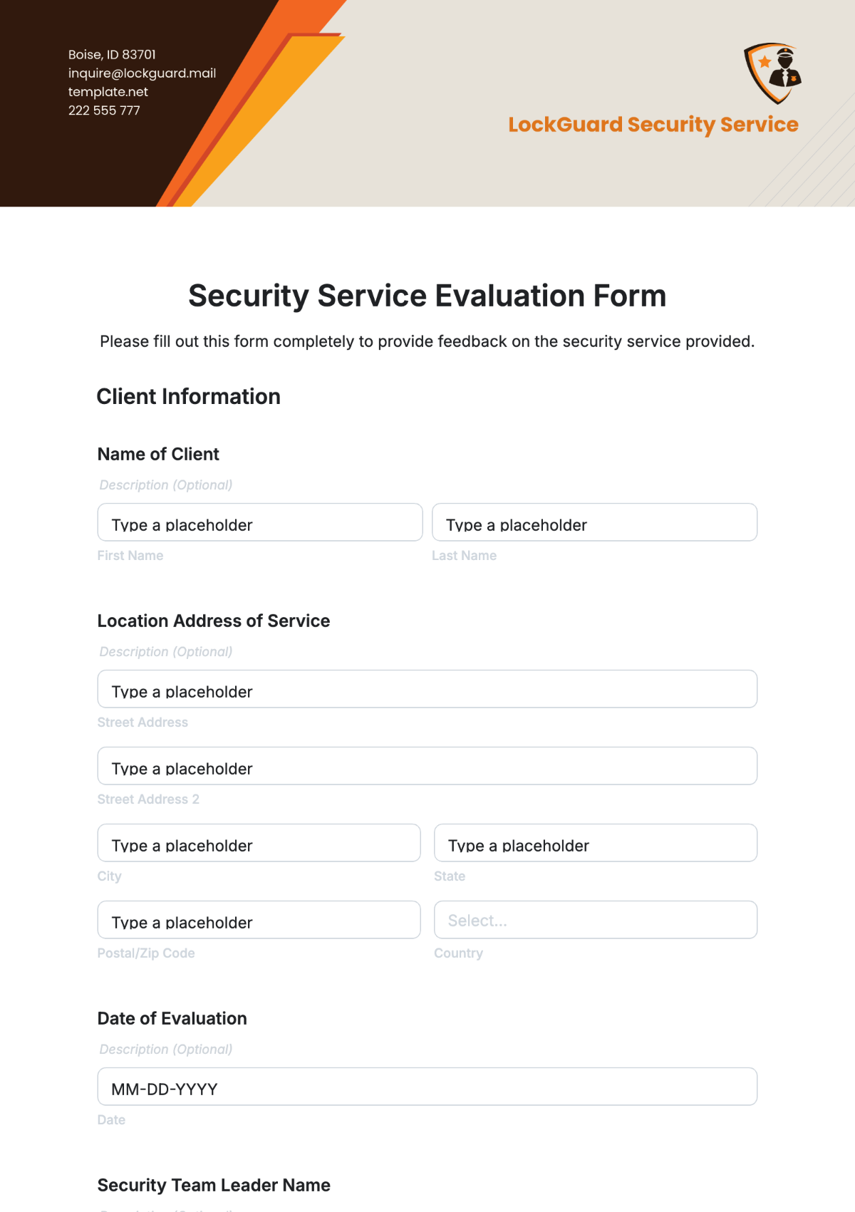 Security Service Evaluation Form Template - Edit Online & Download