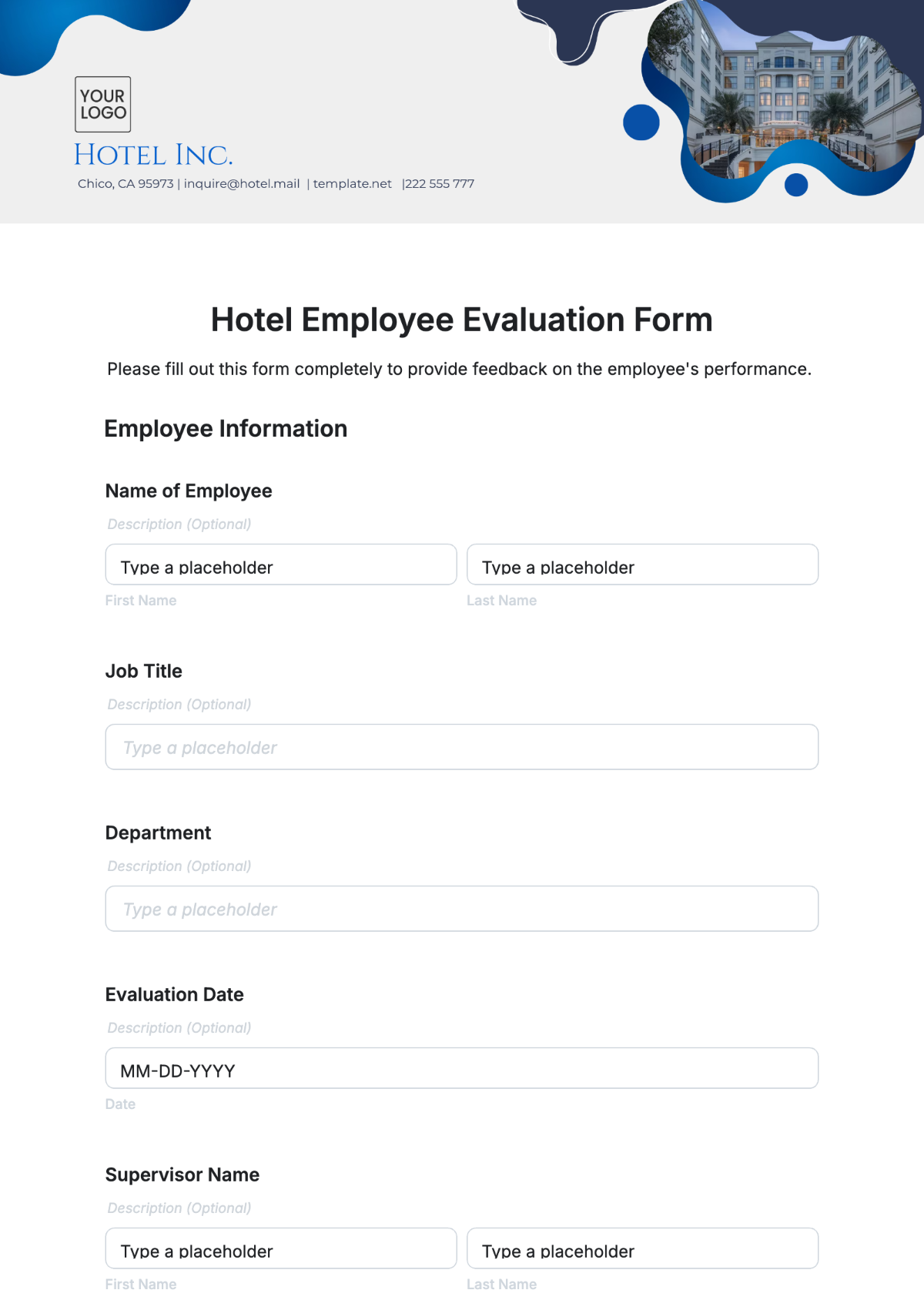 Hotel Employee Evaluation Form Template - Edit Online & Download