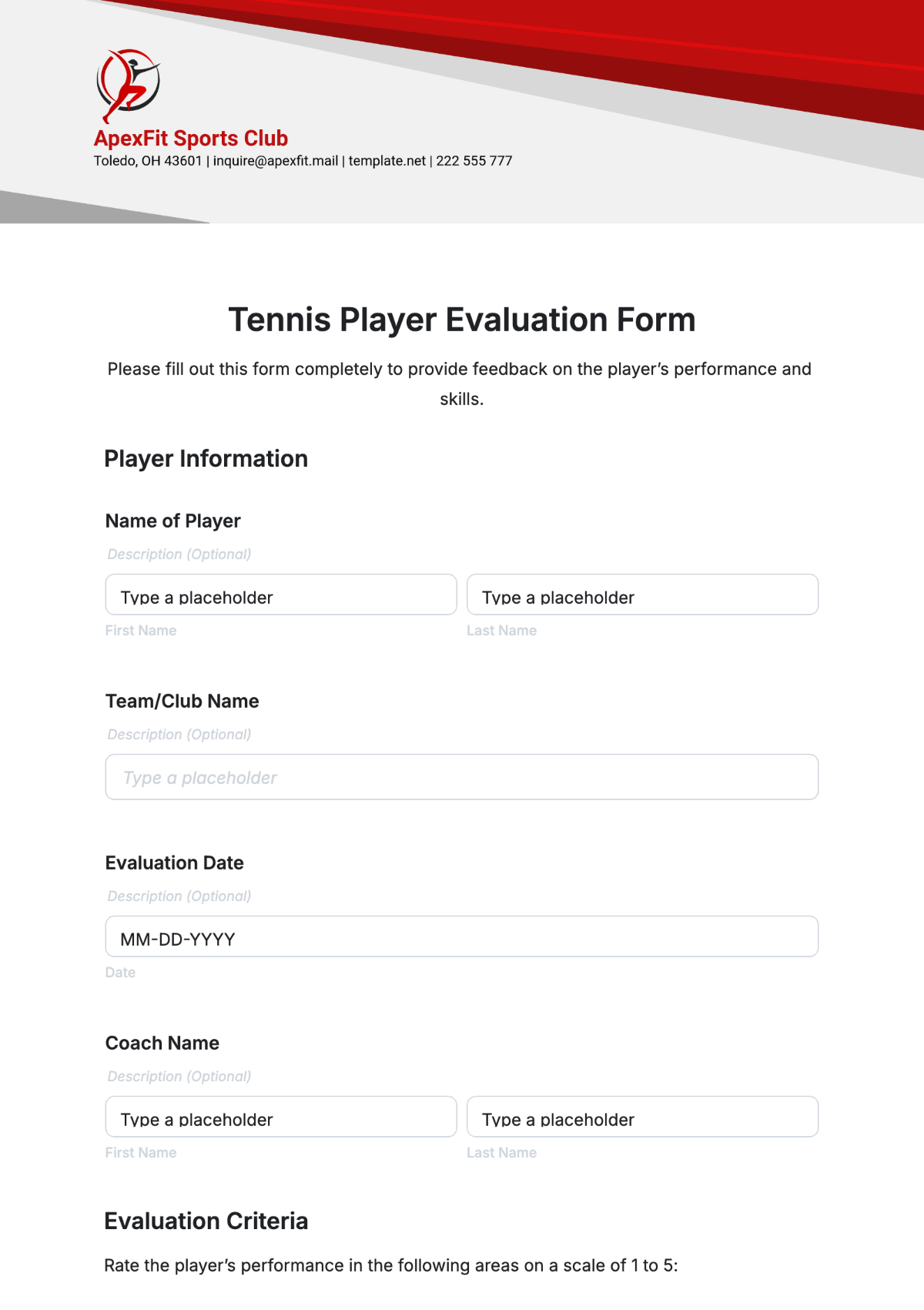 Tennis Player Evaluation Form Template - Edit Online & Download