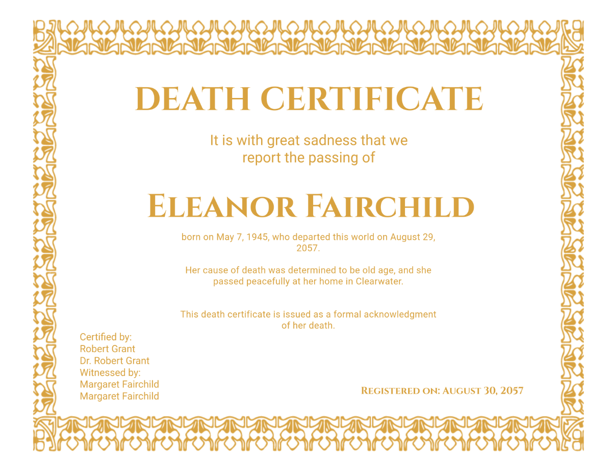 Traditional Death Certificate Template - Download | Template.net