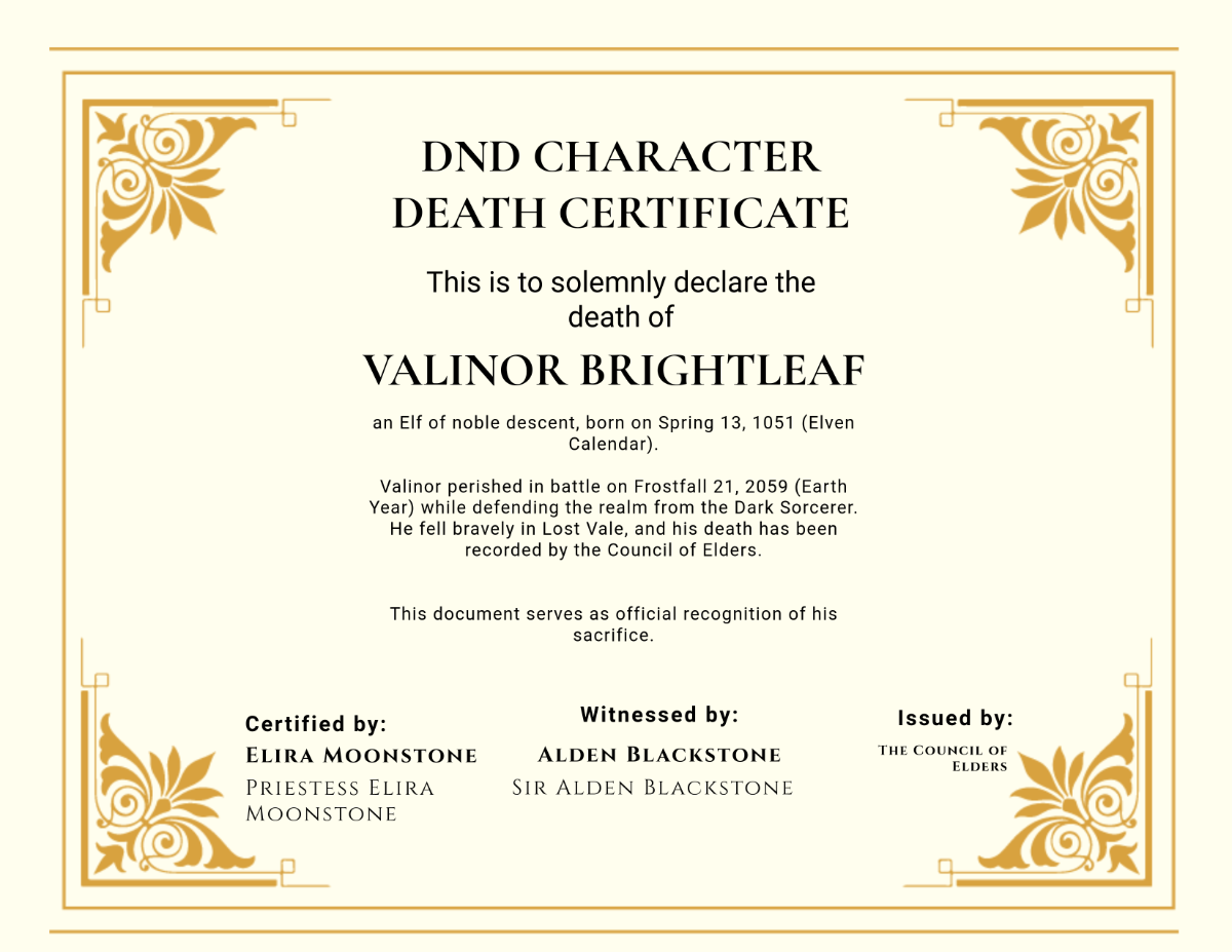 DnD Character Death Certificate Template - Edit Online & Download