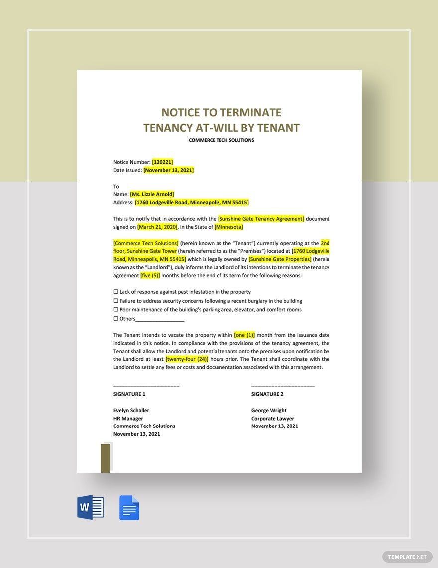 Notice to Terminate Tenancy At-Will by Tenant Template
