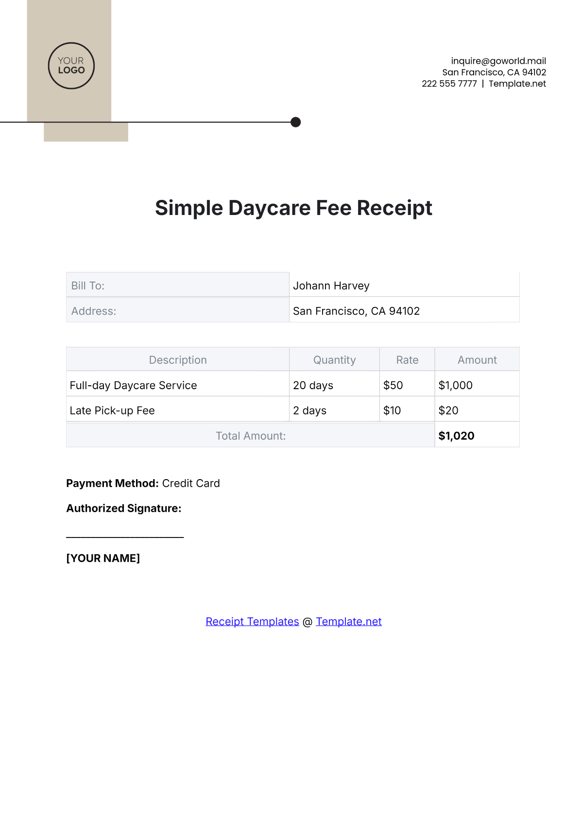 Simple Daycare Fee Receipt Template - Edit Online & Download