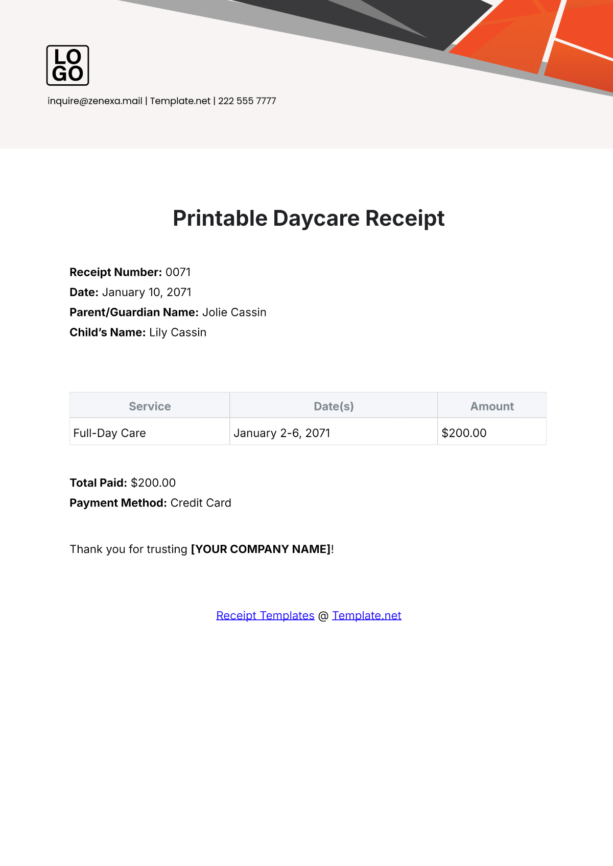 Printable Daycare Receipt Template - Edit Online & Download