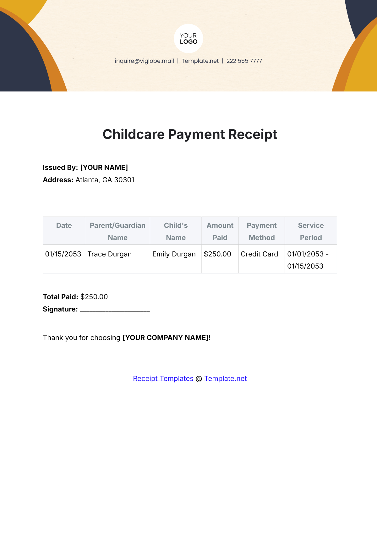 Childcare Payment Receipt Template - Edit Online & Download