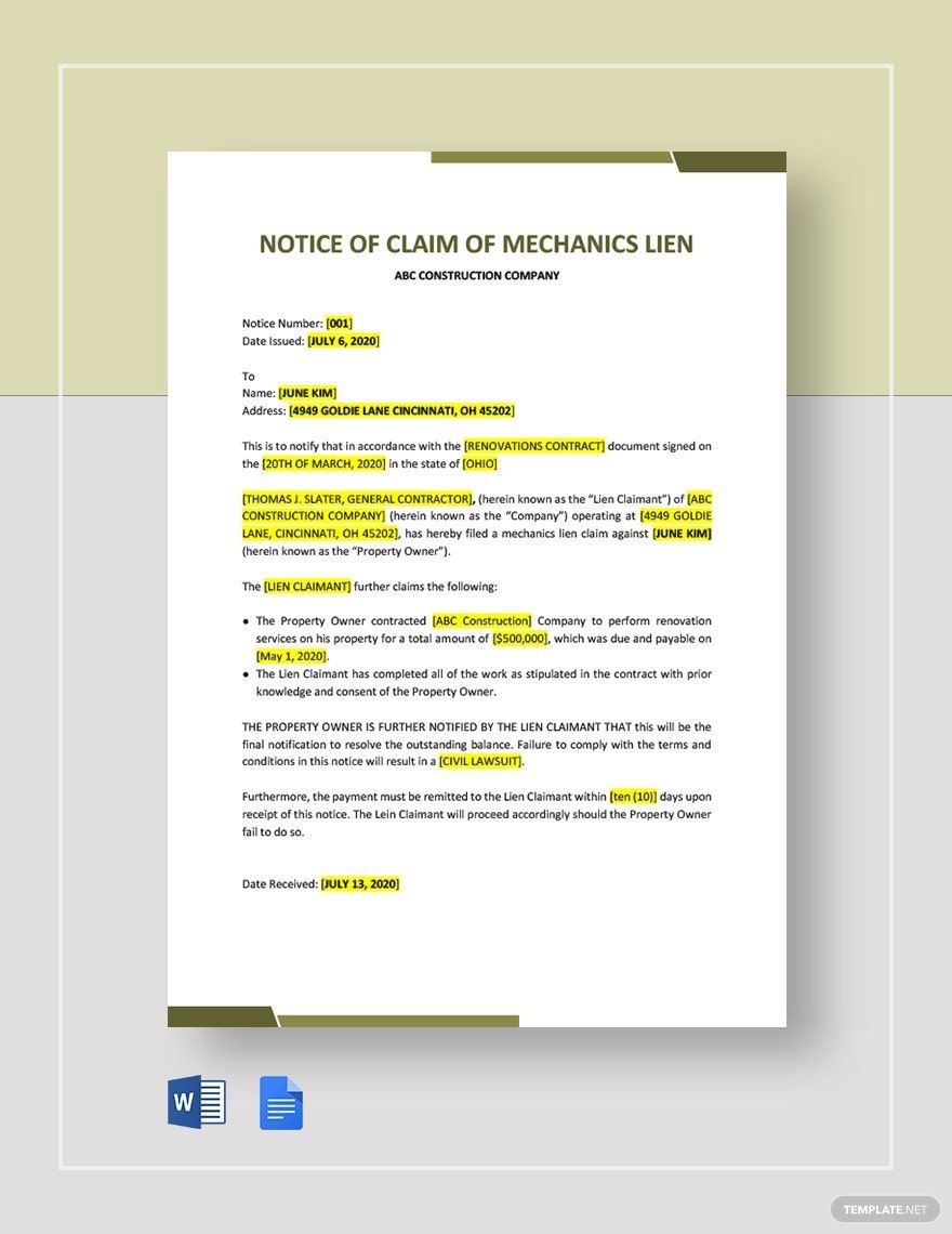 Notice of Claim of Mechanics Lien Template