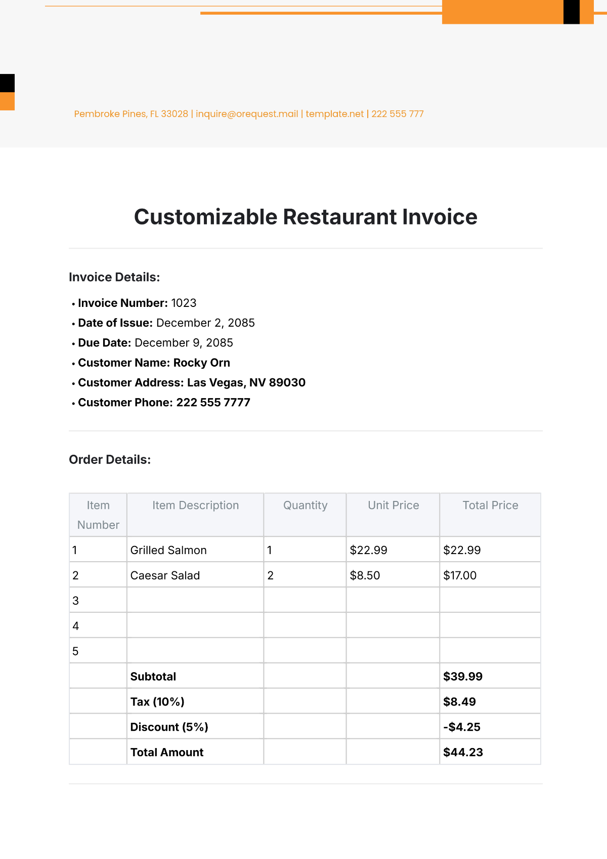 Customizable Restaurant Invoice Template - Edit Online & Download