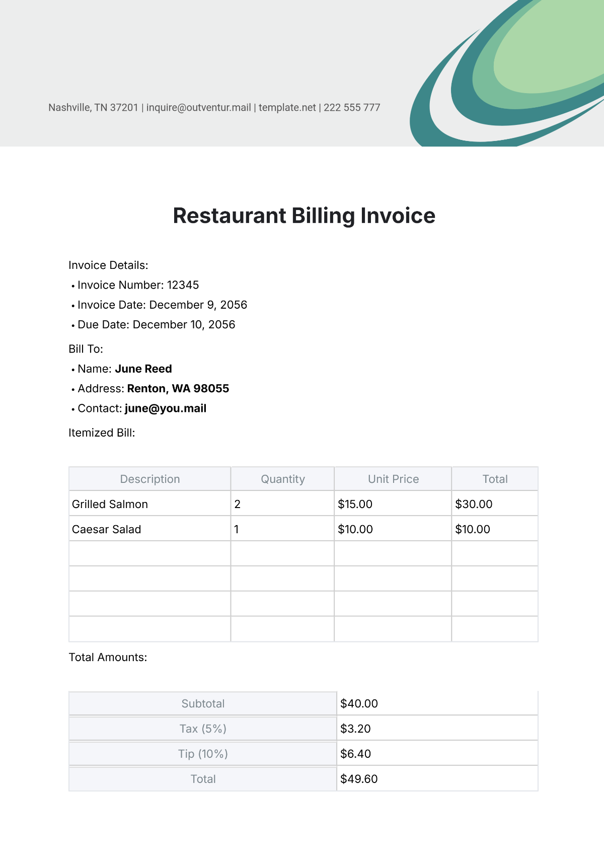 Restaurant Billing Invoice Template - Edit Online & Download