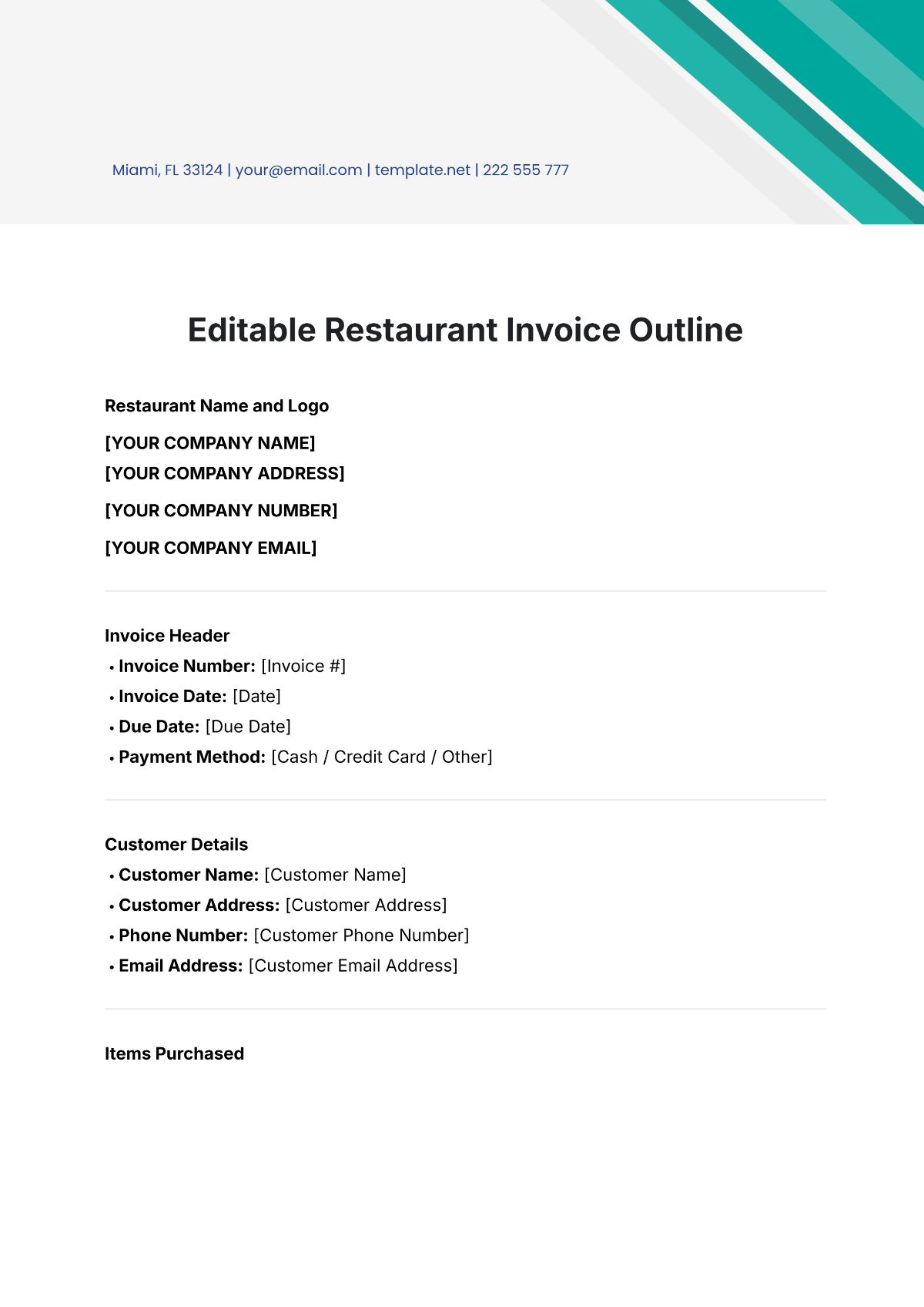 Editable Restaurant Invoice Outline Template - Edit Online & Download