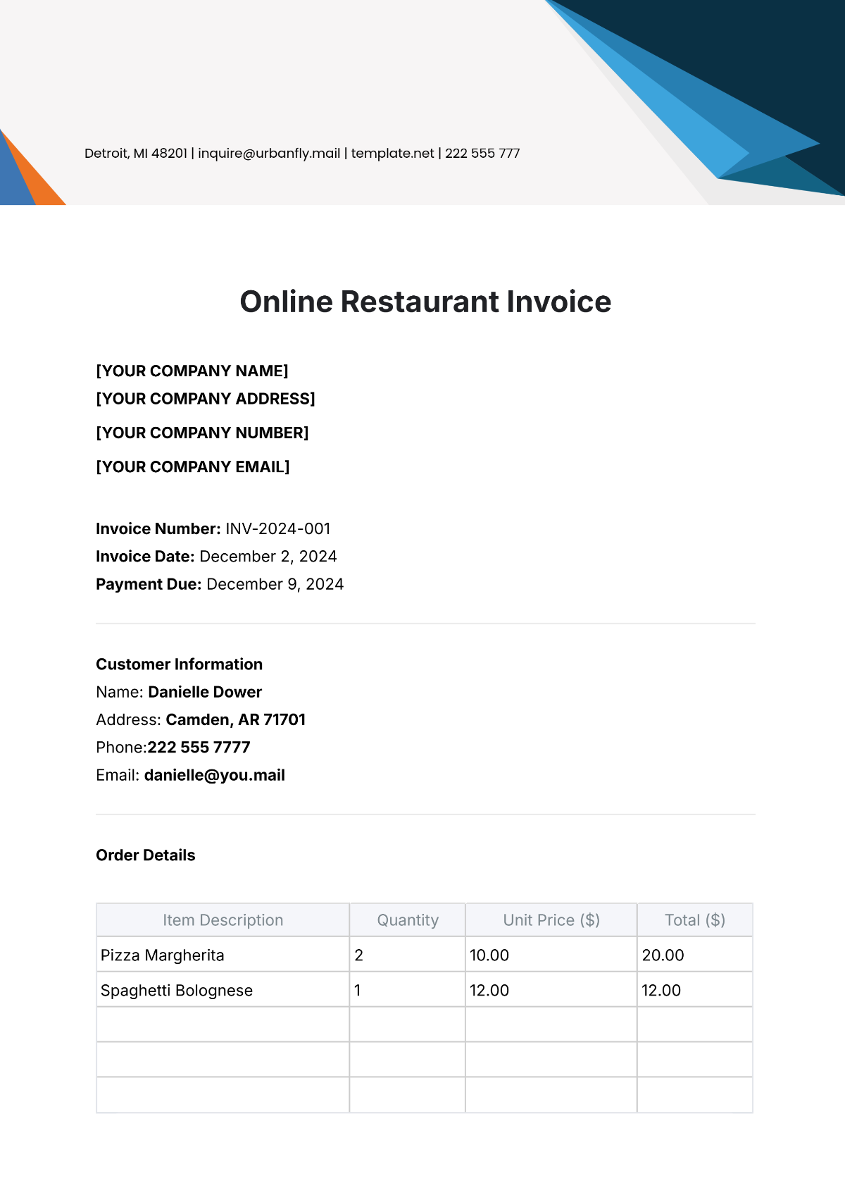 Online Restaurant Invoice Template - Edit Online & Download