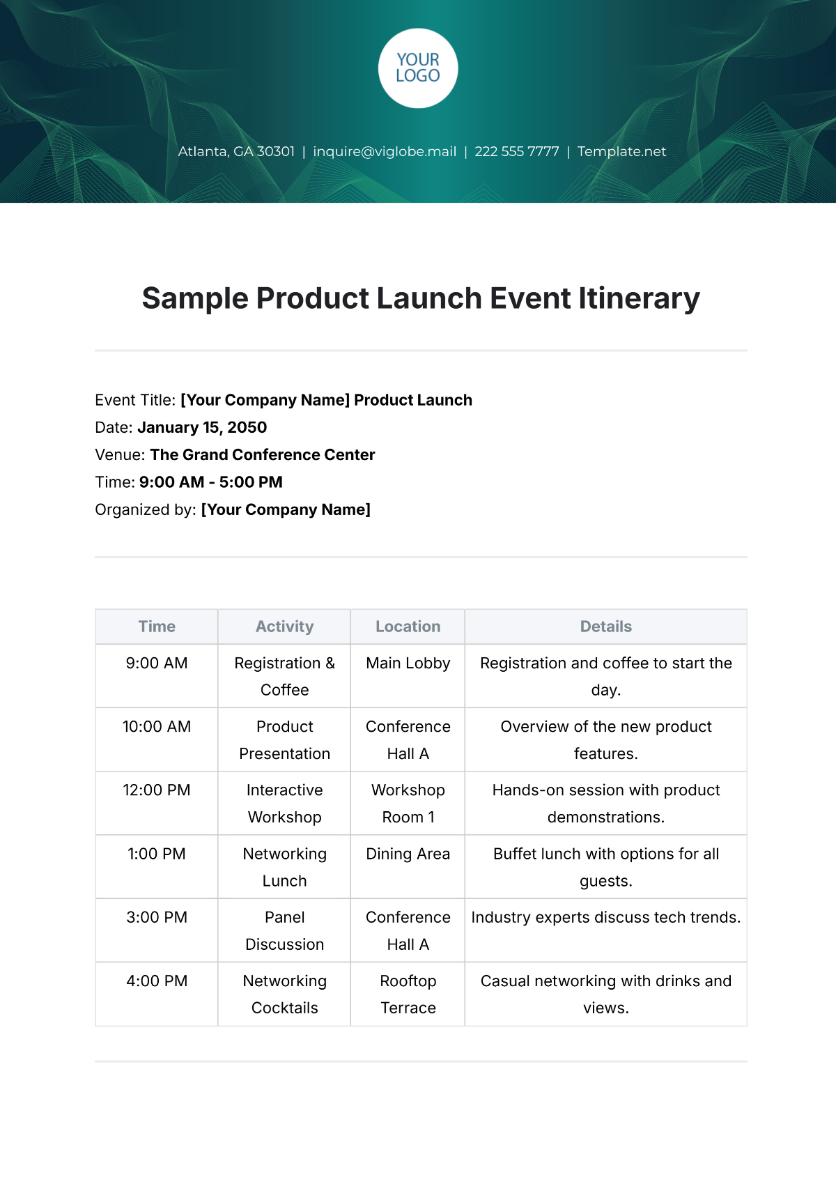 Free Sample Product Launch Event Itinerary Template