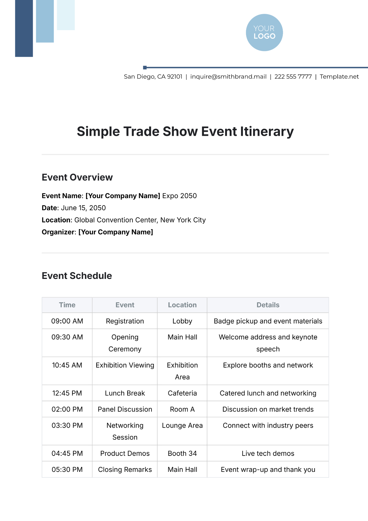 Simple Trade Show Event Itinerary Template - Edit Online & Download