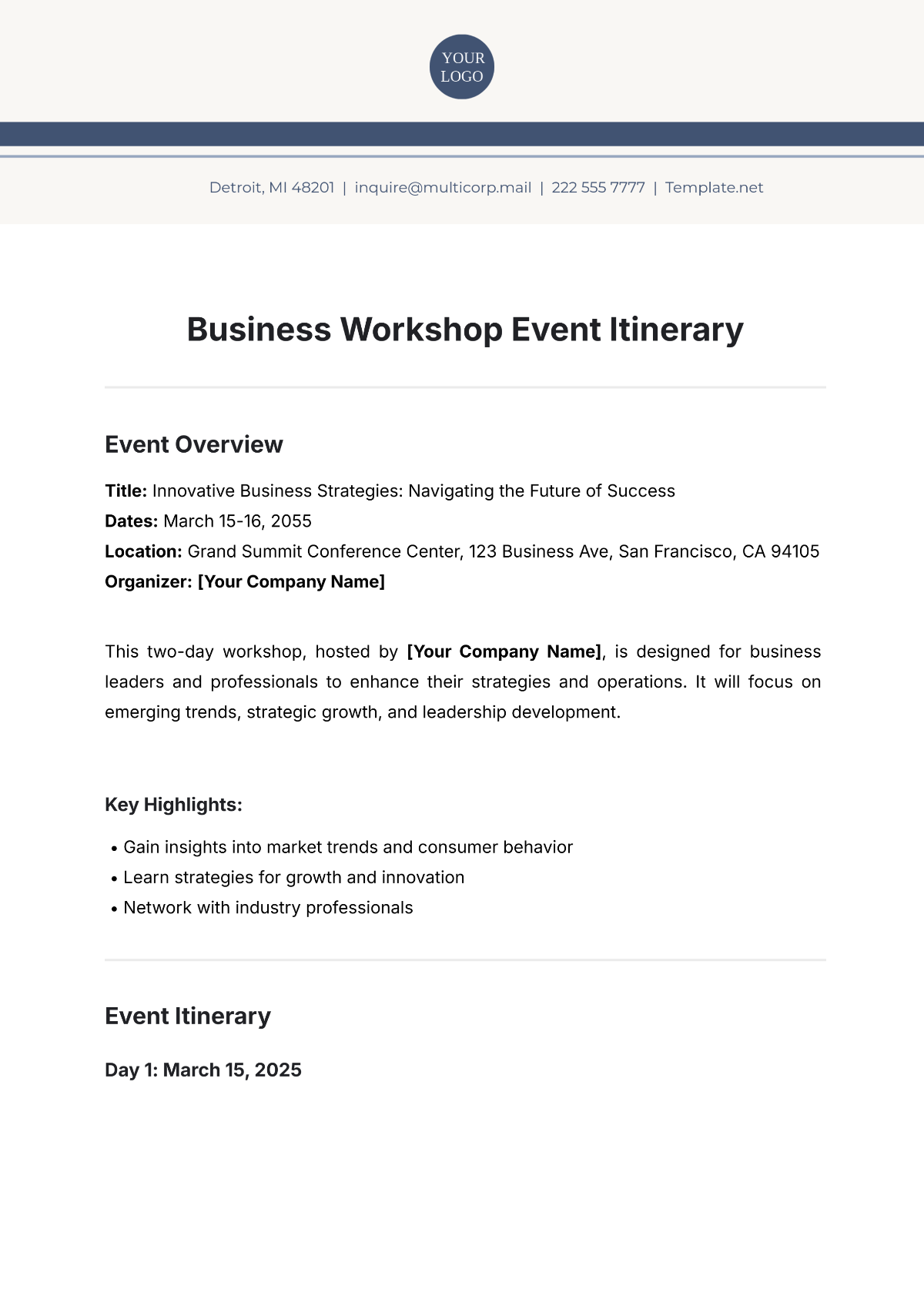 Business Workshop Event Itinerary Template - Edit Online & Download