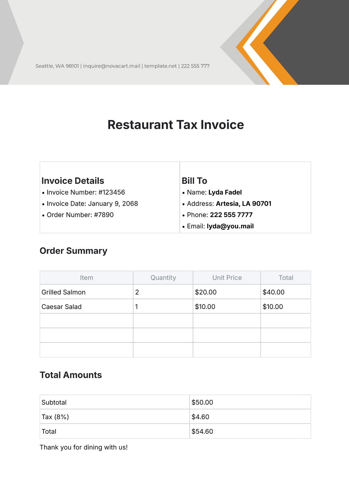 Restaurant Tax Invoice Template - Edit Online & Download