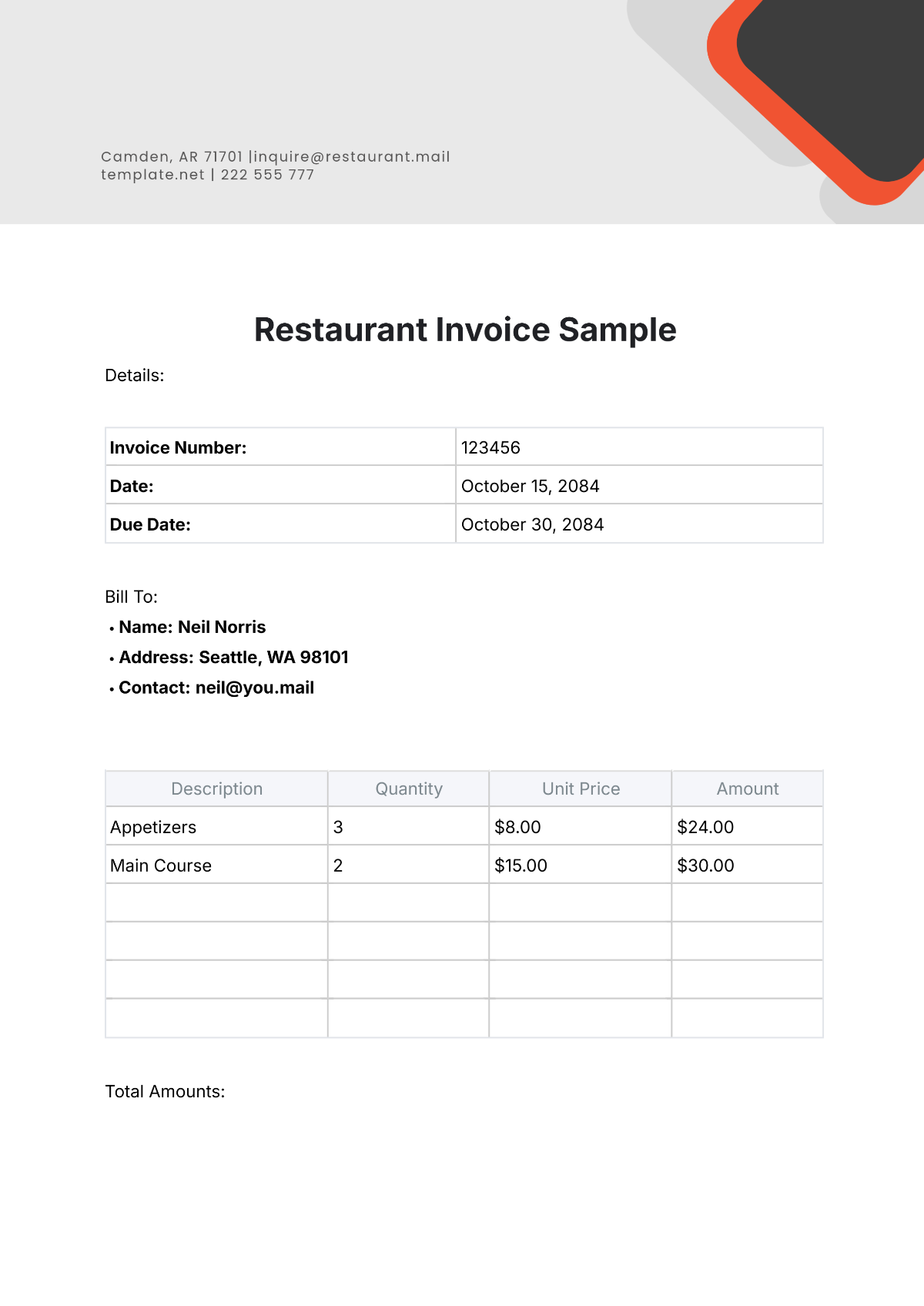 Restaurant Invoice Sample Template - Edit Online & Download