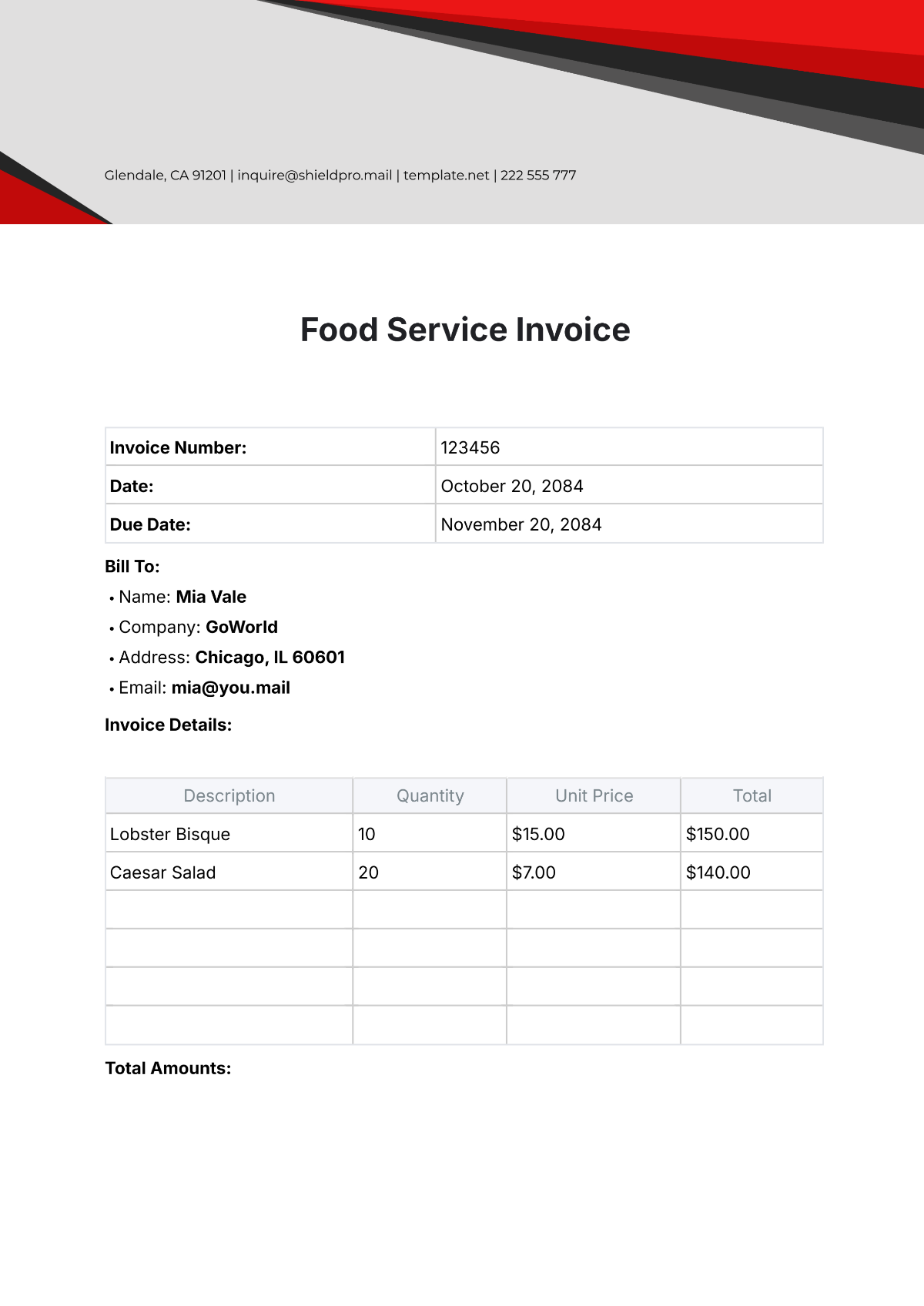 Food Service Invoice Template - Edit Online & Download