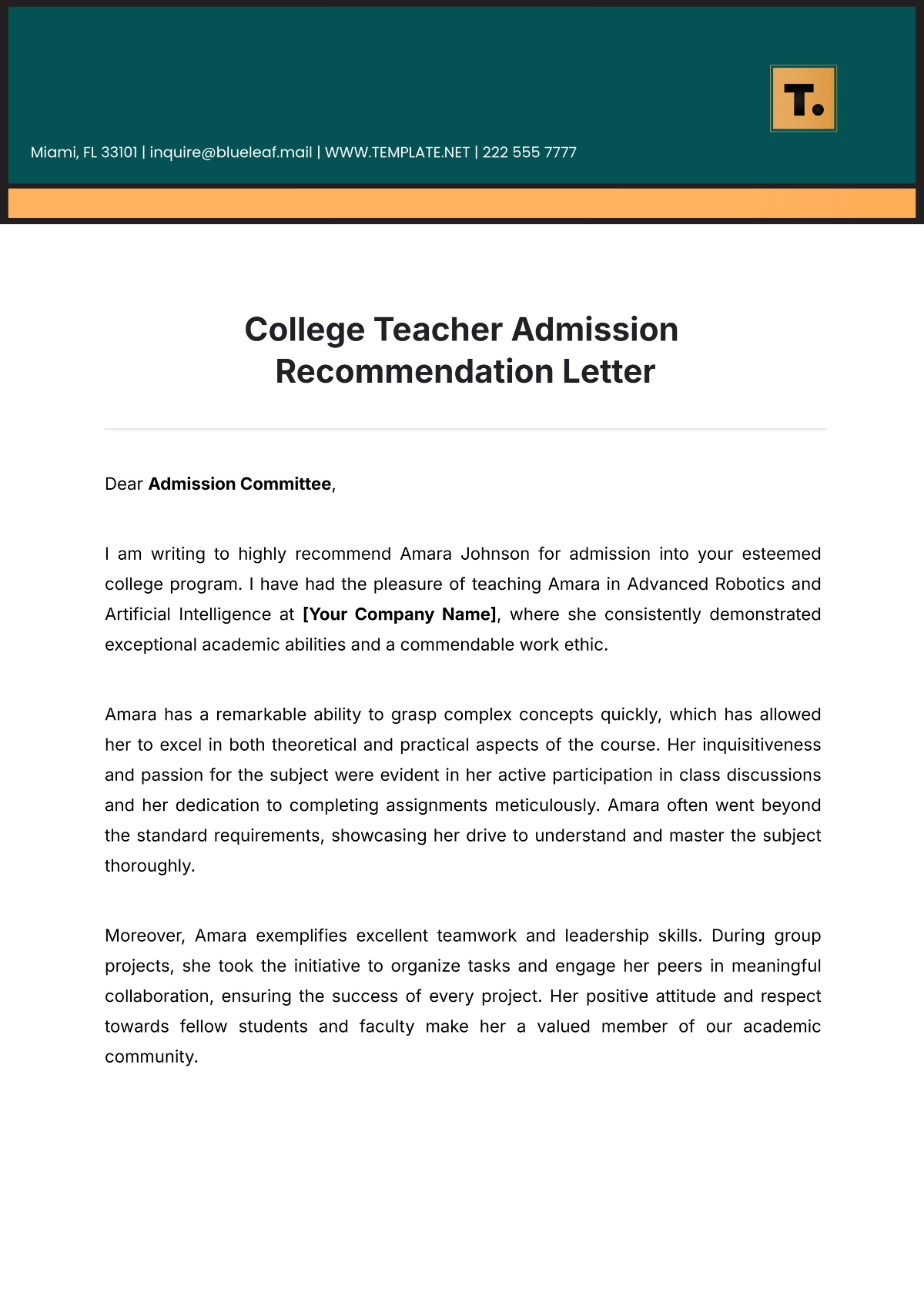 College Teacher Admission Recommendation Letter Template - Edit Online & Download