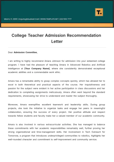 Free College Teacher Admission Recommendation Letter Template to Edit Online