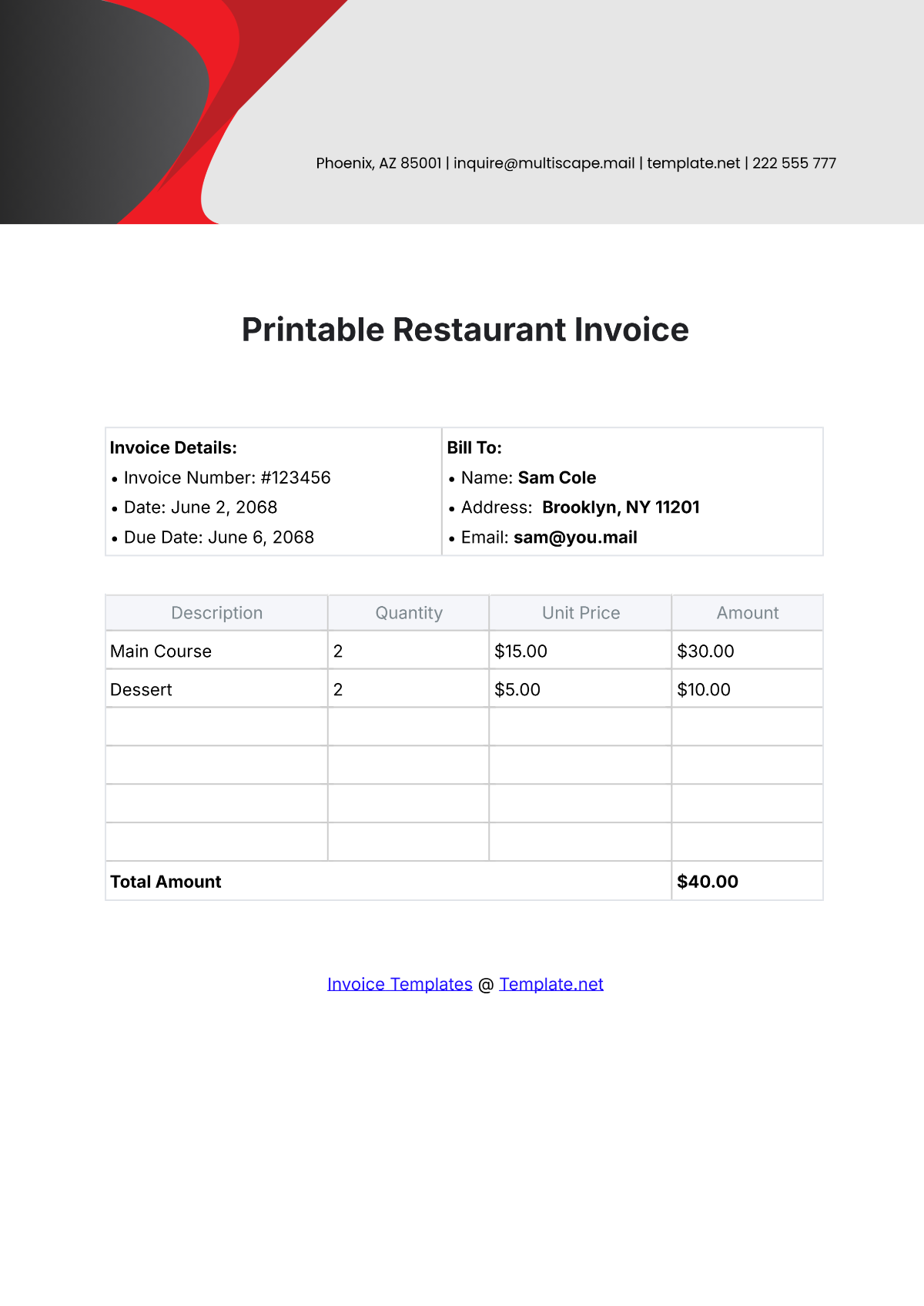 Printable Restaurant Invoice Template - Edit Online & Download