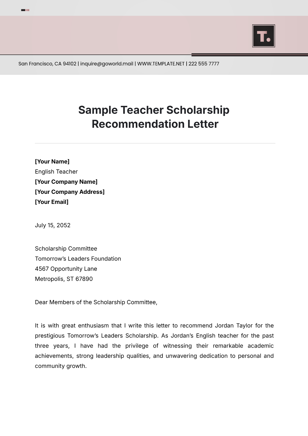 Sample Teacher Scholarship Recommendation Letter Template - Edit Online & Download