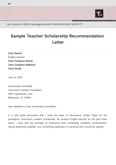 Free Sample Teacher Scholarship Recommendation Letter Template to Edit Online