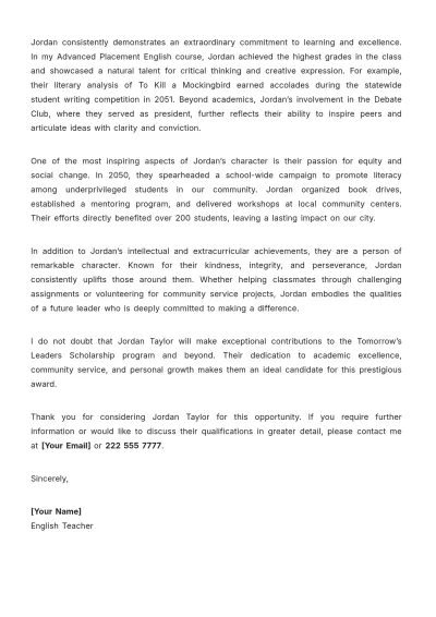 Free Sample Teacher Scholarship Recommendation Letter Template to Edit Online