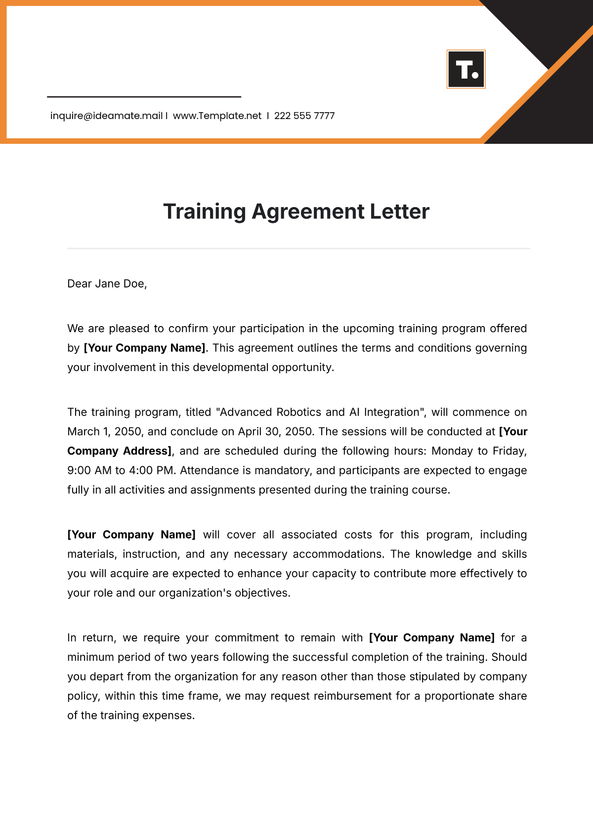 Training Agreement Letter Template - Edit Online & Download